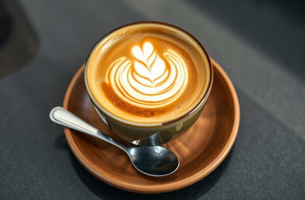 A cup of cappuccino with latte art on a wooden surface