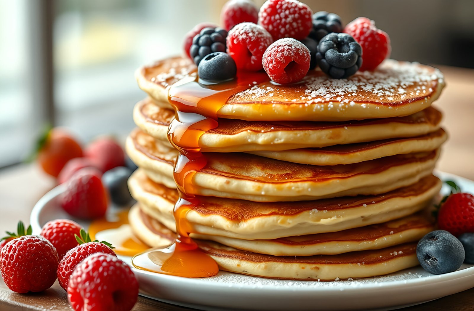 Stack of pancakes topped with maple syrup and berries—ideal for breakfast, dessert or food visuals.