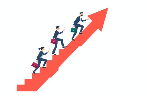 Business people climbing ladder on arrow shaped graph