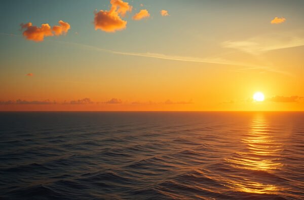 Sunlight reflecting off calm ocean waters at dawn or dusk under a warm horizon