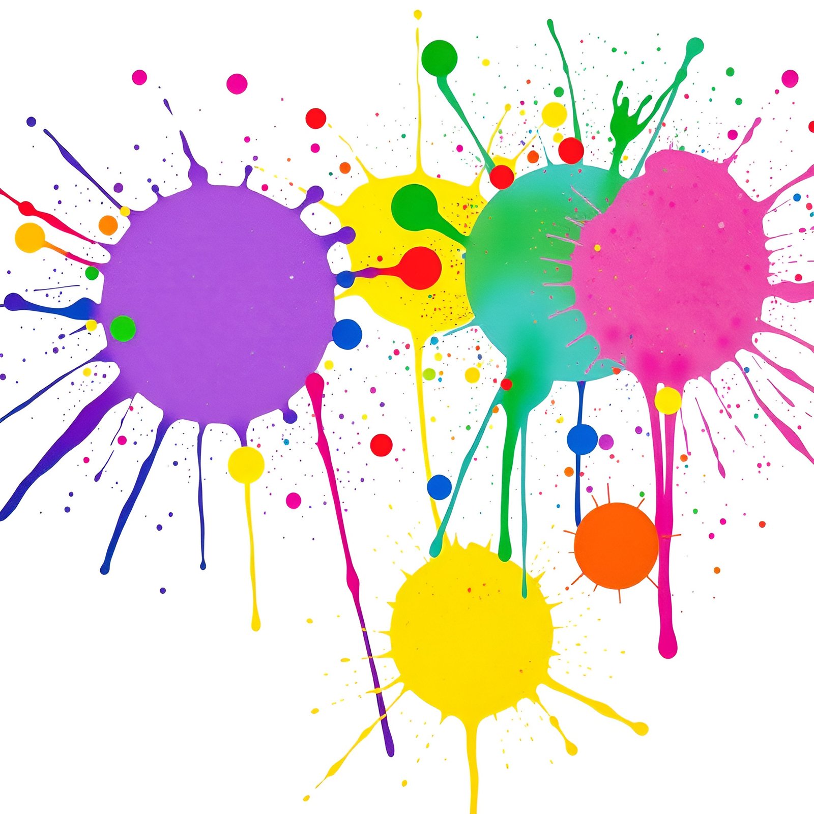 Multicolored paint splatters on white background—free image for abstract, art or creative visuals.