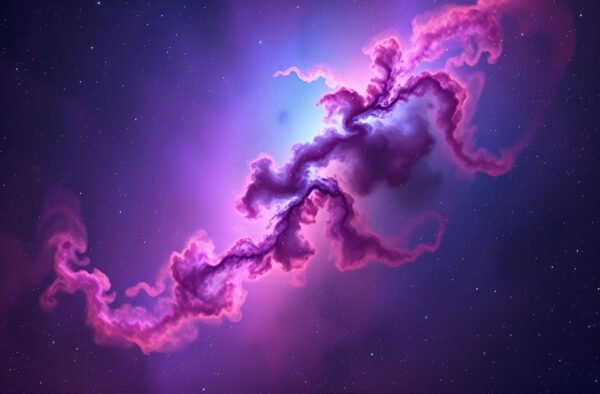 A colorful nebula with swirling purple, blue clouds, scattered with stars