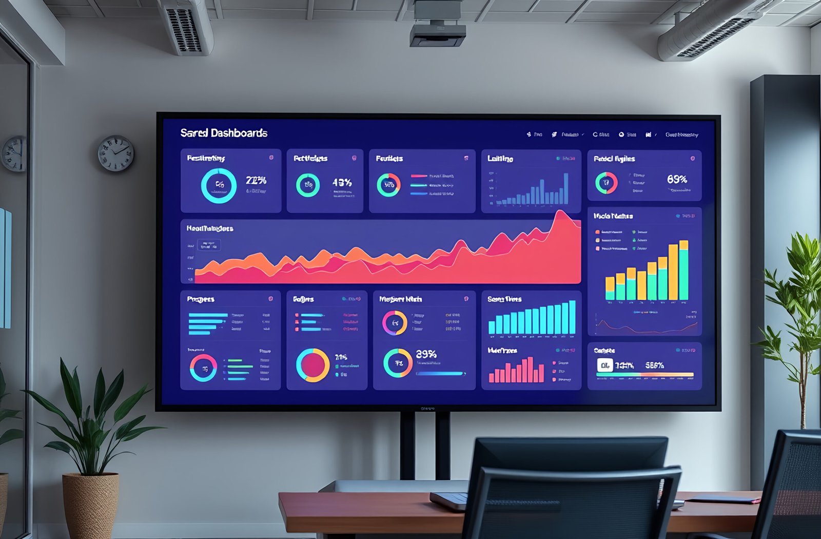 Large digital dashboard screen with multiple charts and graphs helping data visualization for business or tech.