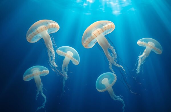 Group of translucent jellyfish floating in the ocean—ideal for marine design, aquatic visuals, and nature education