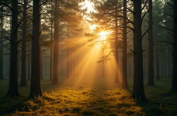 Sunlight rays piercing through dense pine forest canopy, illuminating mist among tall trees