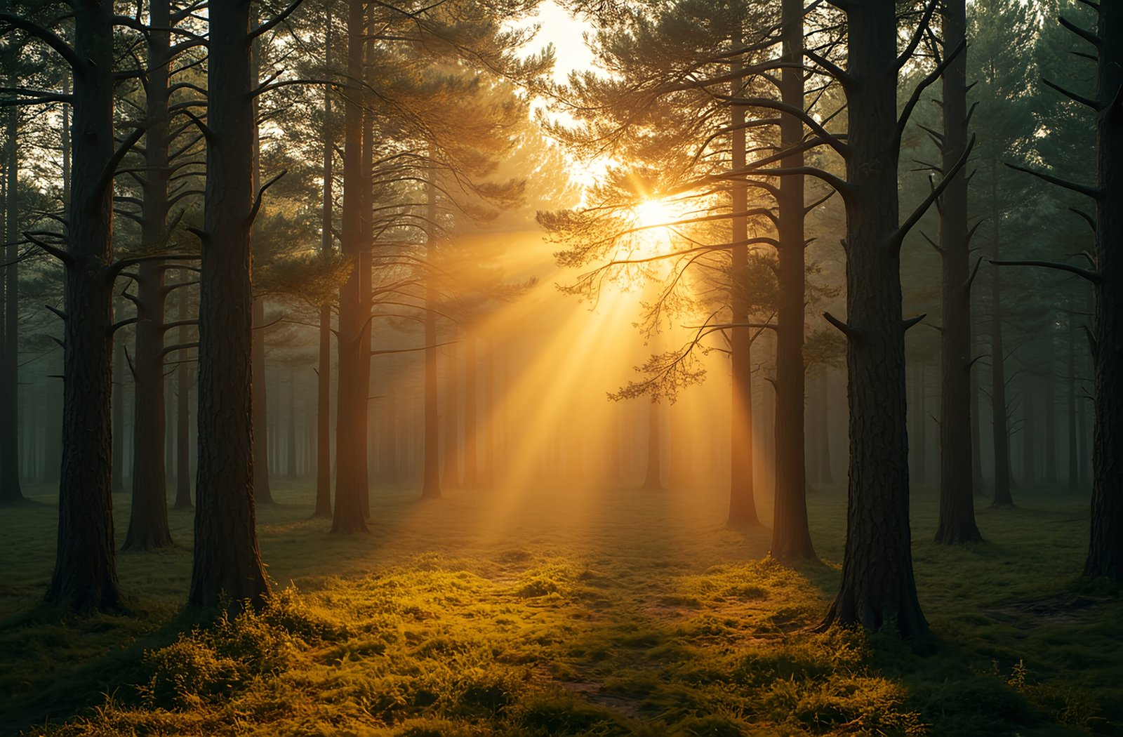 Sunlight rays piercing through dense pine forest canopy, illuminating mist among tall trees