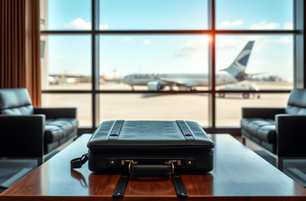 Briefcase on a coffee table in an airport lounge