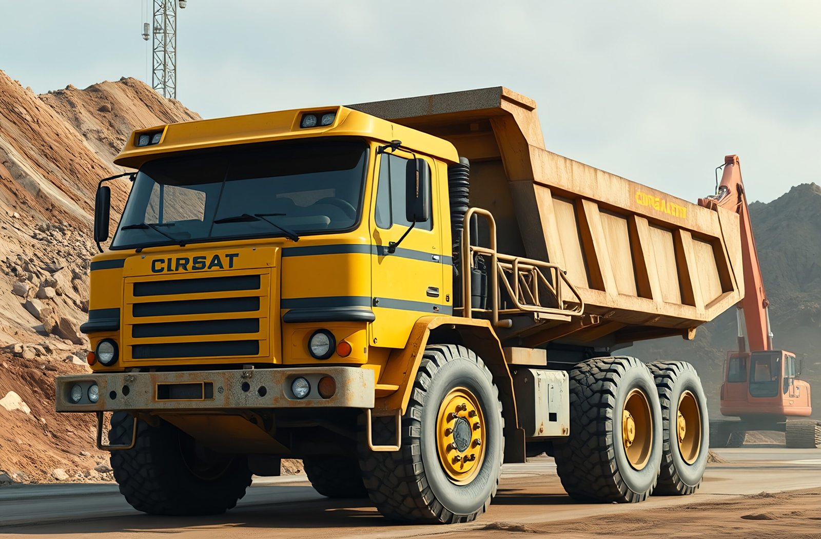 Massive dump truck being loaded by excavator at construction site—high-resolution industrial and construction visual