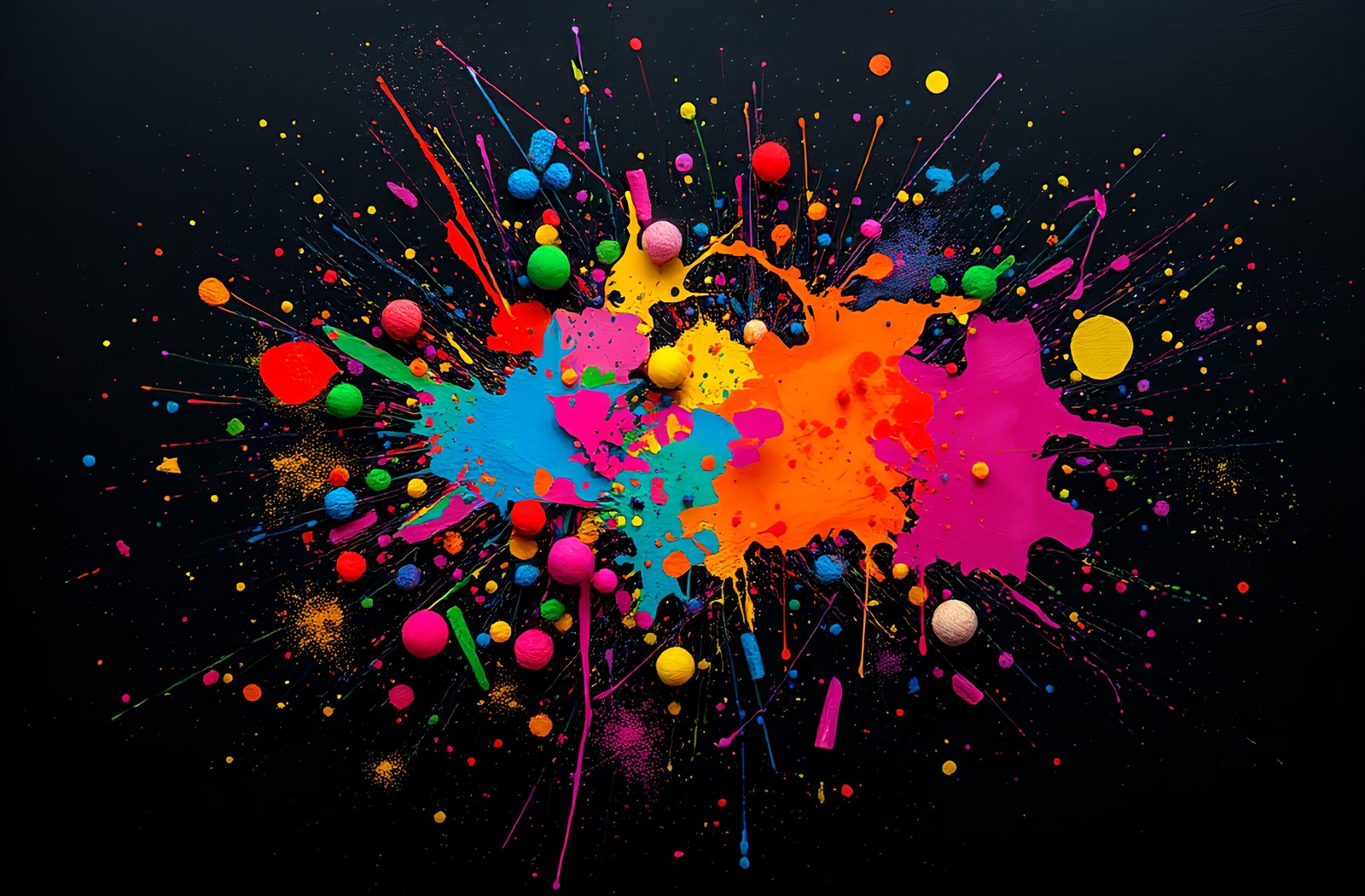 Vibrant multicolored paint splatters in orange pink blue yellow red on dark black background