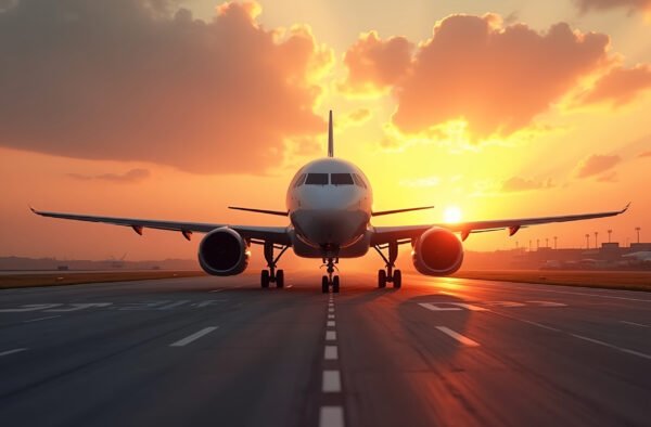 Commercial airplane on runway at sunset with dramatic golden sky backdrop