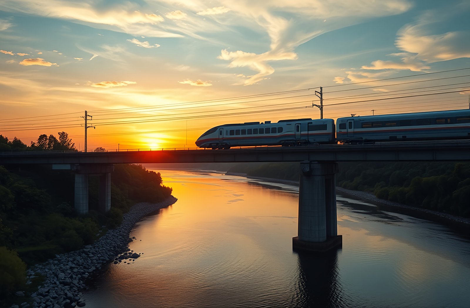 High-speed bullet train crossing a modern bridge over a river in dynamic motion