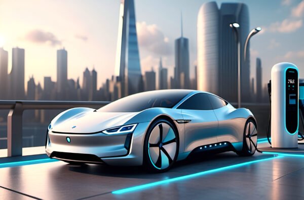 Electric car charing battery at charging station