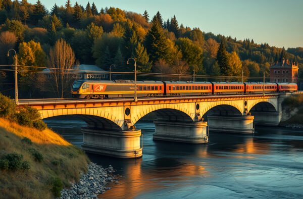 Train crossing a bridge over a river