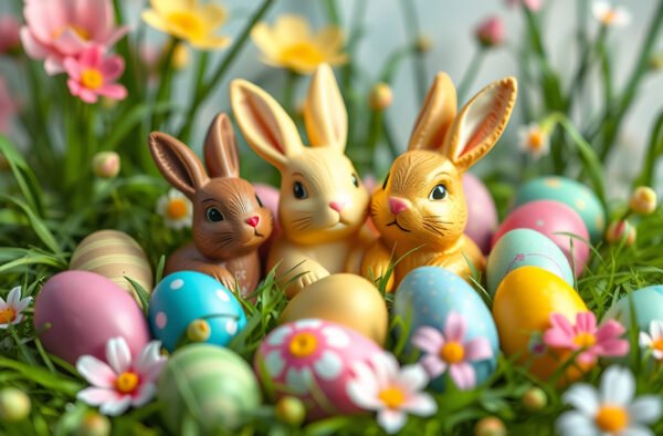 Easter eggs with colorful patterns paired with chocolate bunny figures in a festive arrangement