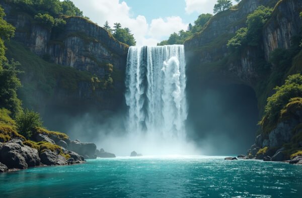Majestic waterfall cascading down rocky cliff into misty basin surrounded by dense green forest
