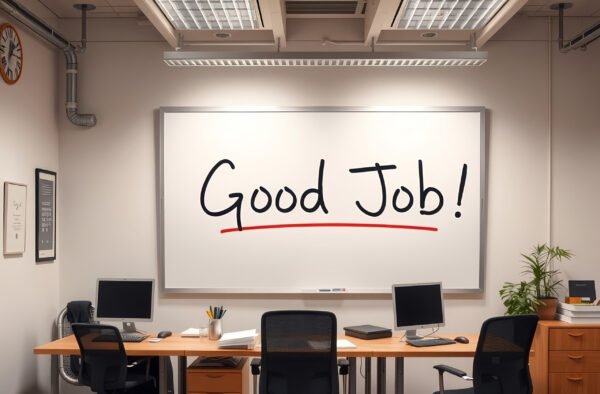 Text “Good Job” written in marker on an office whiteboard in a meeting room