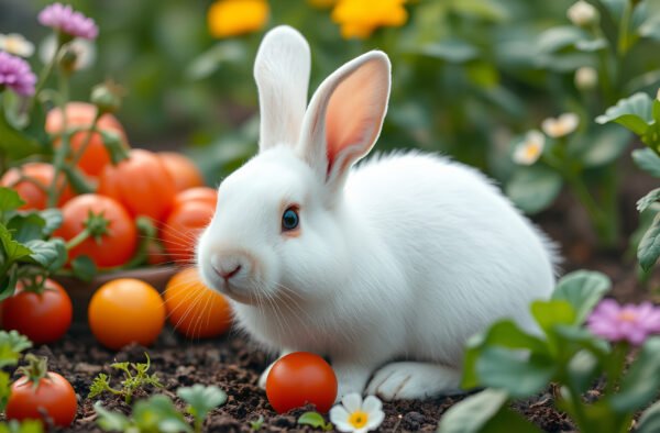 Small white rabbit in garden