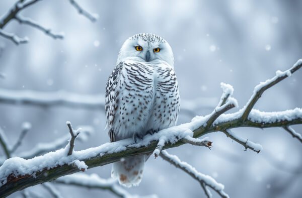 Snowy owl on frosty tree branch