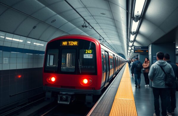 Subway train at underground train station and passengers waiting on platform