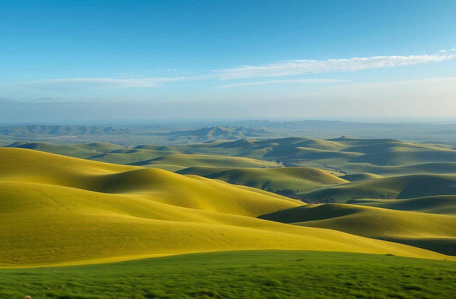 Scenic landscape of rolling green hills with natural grass and peaceful countryside view