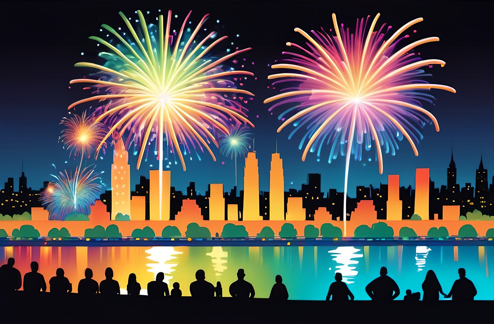 Colorful fireworks exploding over city skyline at night with crowd watching from riverside location