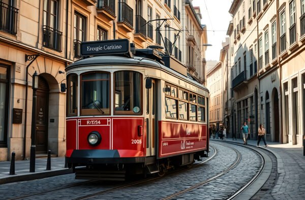Vintage tram traveling through historic European street with old buildings—perfect for travel, heritage, and design visuals.