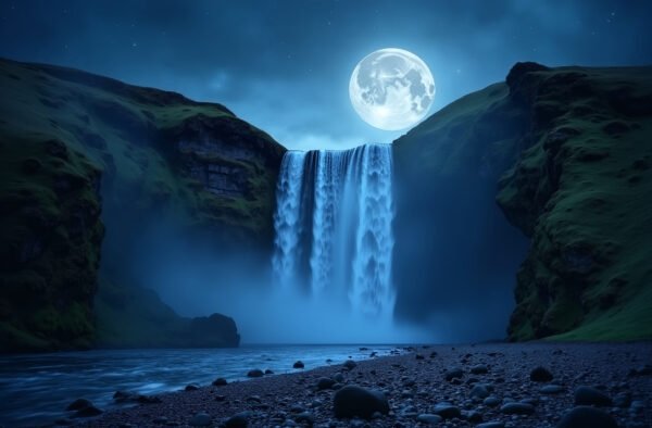 Moonlit waterfall cascading in darkness, surrounded by forest—ideal for nighttime nature scenes, calm visuals, and ambient design elements.
