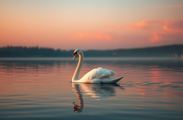 White swan on calm lake at dusk