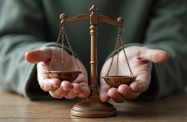 A balanced scale with ‘Work’ on one side and ‘Life’ on the other, symbolizing harmony
