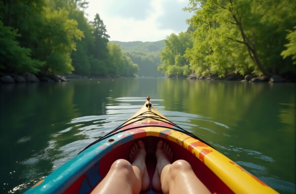 colorful kayak gliding down a calm river with lush green scenery on both sides