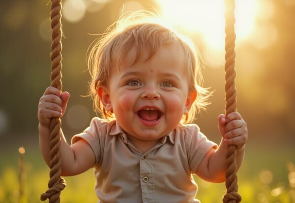 Child smiling and playing on a swing set in a sunny outdoor playground