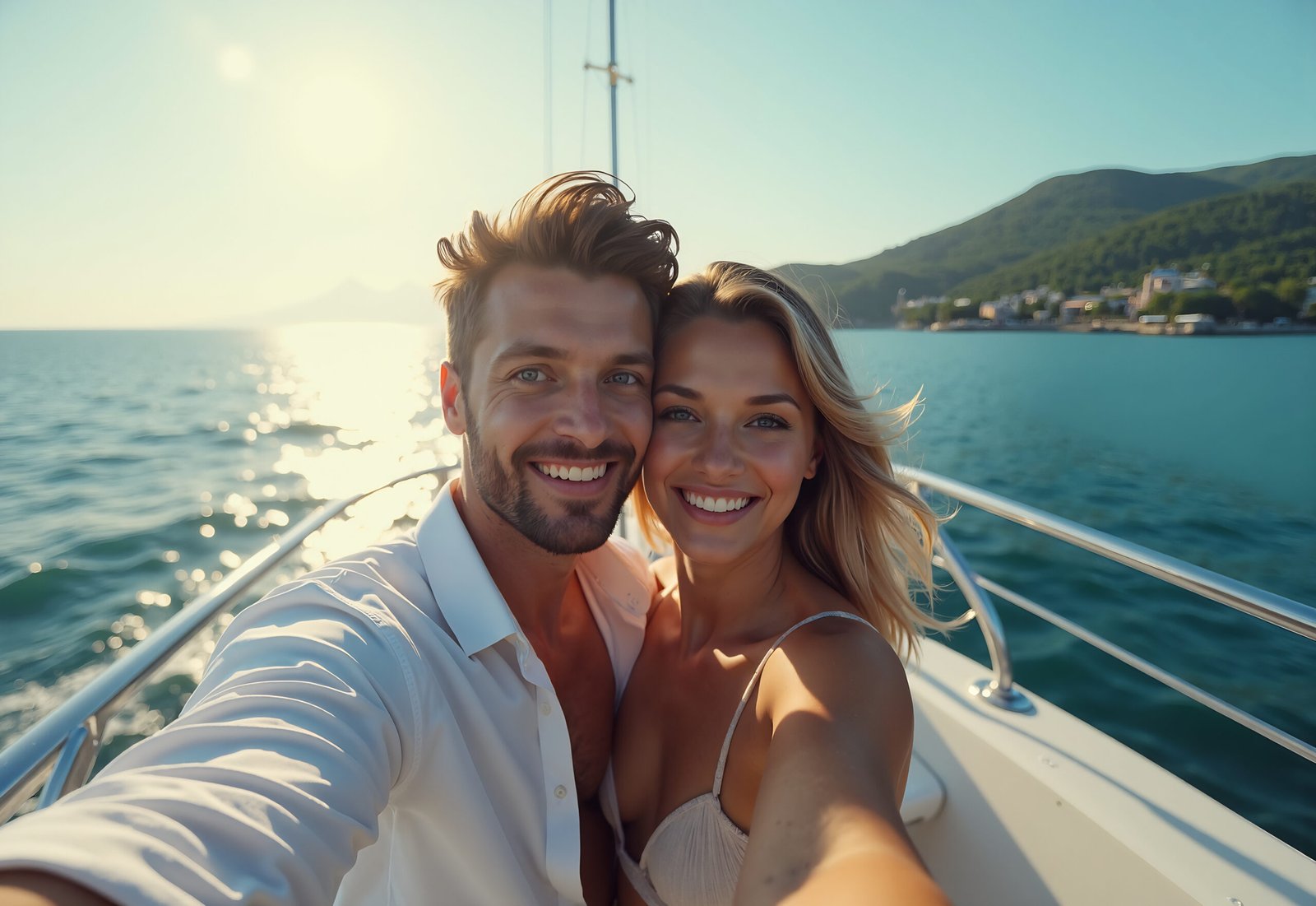 Couple smiling and taking a selfie aboard a yacht with vast ocean behind them
