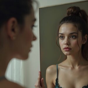 Young woman looking into a mirror—free image for lifestyle, beauty or reflective visuals.