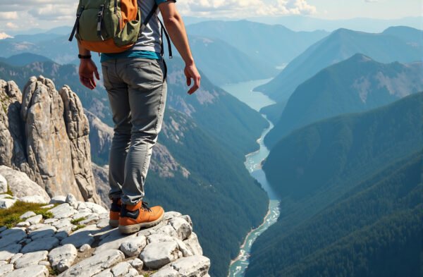 Backpacker standing on rocky cliff edge overlooking sweeping mountain landscape