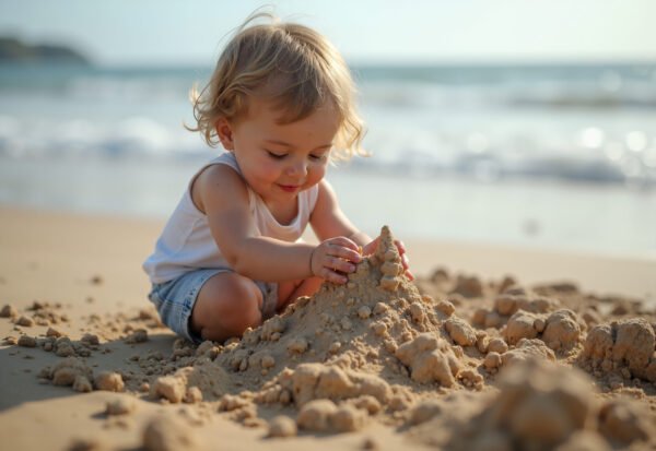 Child playing on a sunny beach with sand and ocean waves in the background