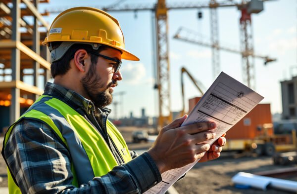 A civil engineer in a hard hat reviewing blueprints at a busy construction site