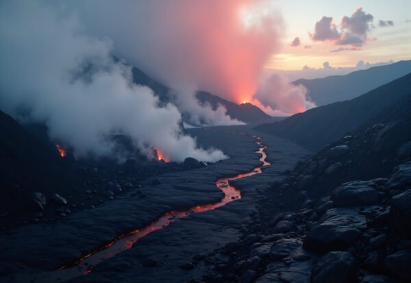 A rugged volcanic terrain with steam rising from the ground and a red lava glow in the distance