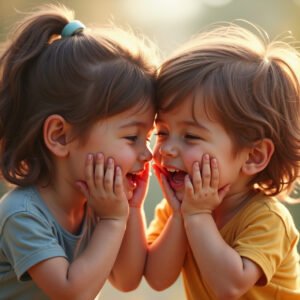 Two young children whispering secrets to each other and giggling happily