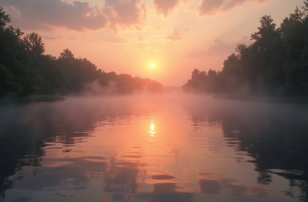 A calm river reflecting the soft orange and pink hues of the sunrise with mist rising from the water