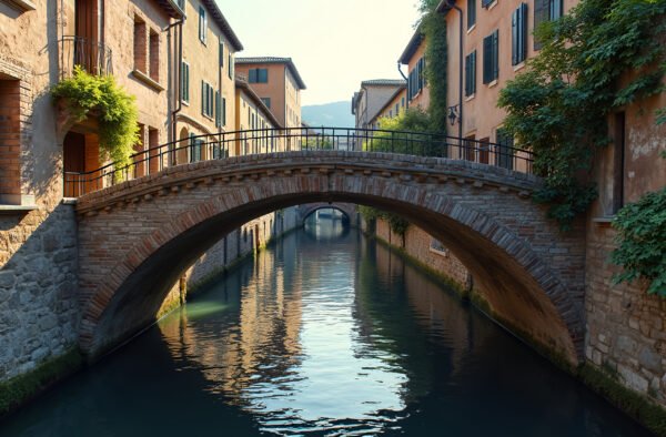 A charming, arched brick bridge crossing a narrow canal in a quaint European town