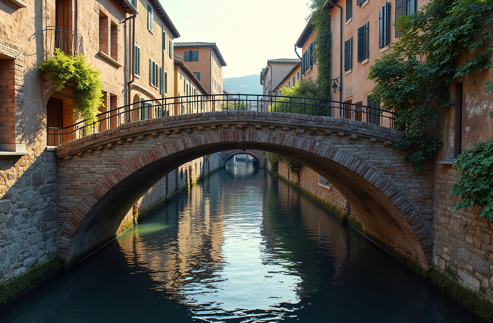 Arched brick bridge crossing a narrow canal—classic architecture and waterside scene.