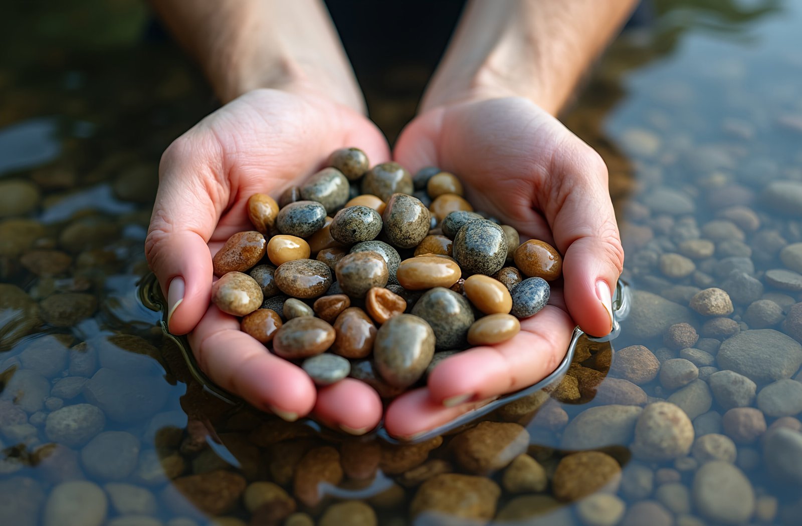 A close-up of a shallow river where smooth, colorful pebbles