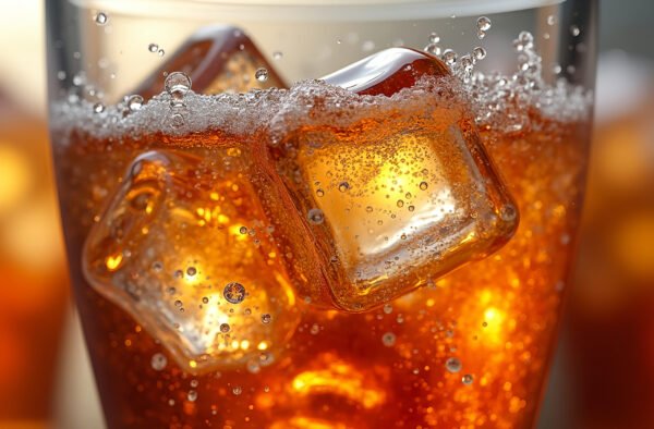 A close-up of a fizzy soda with ice cubes floating inside, bubbles rising to the top
