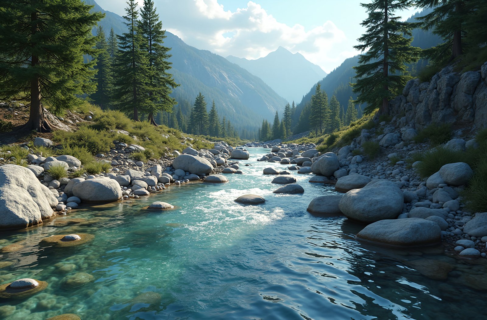 Mountain stream flowing through rocky terrain with pine trees and rugged cliffs reflecting in clear water