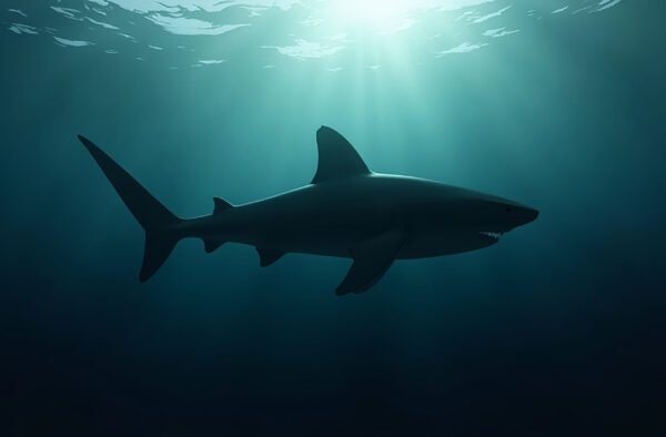 A dramatic silhouette of a large shark swimming just below the water’s surface