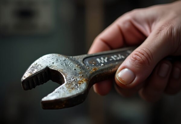 Close-up of a metal wrench with metallic sheen and detailed grip, isolated on a neutral background