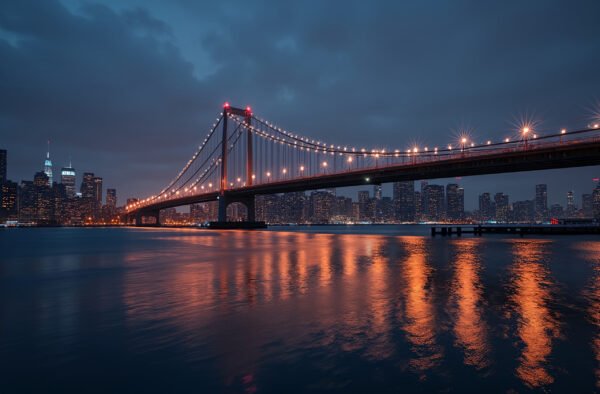 Large urban bridge illuminated by city lights at night with modern architecture and skyline