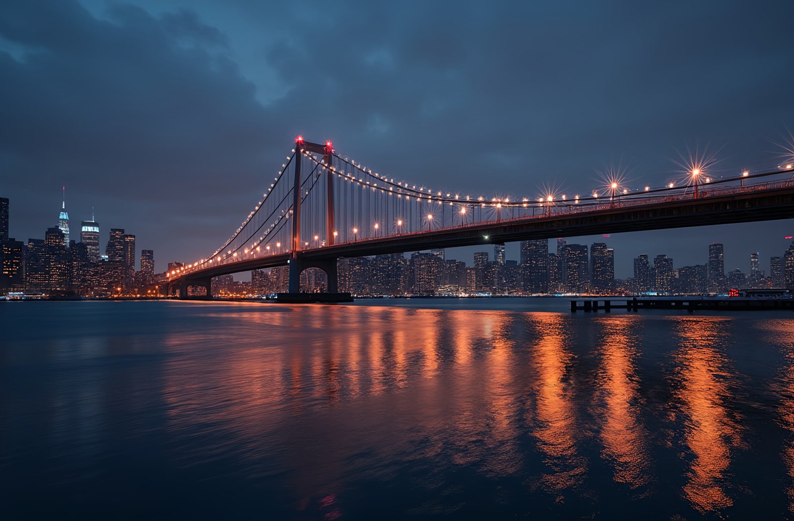 Large urban bridge illuminated by city lights at night with modern architecture and skyline