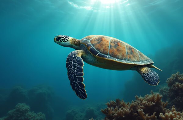 A majestic sea turtle gliding peacefully over a coral reef with sunlight filtering through the water