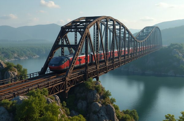 A massive steel truss railway bridge crossing a wide river with a train passing over it